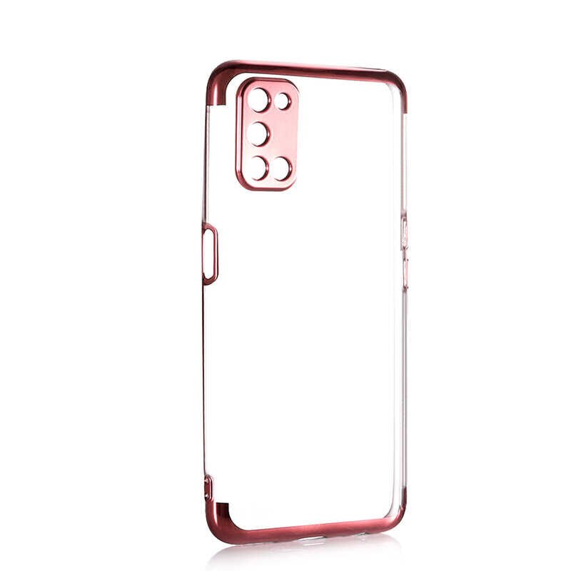 Oppo A92 Kılıf Dört Köşe Renkli Lazer Şeffaf Silikon Kapak (GLİTTER) Rose Gold