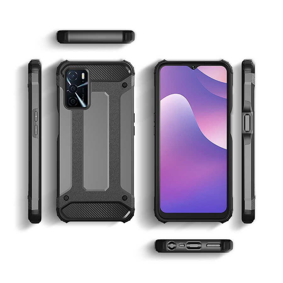 Oppo A16 Kılıf Armor Köşe Korumalı Çift Katman Tank Zırh Kapak (CRASH) Gri