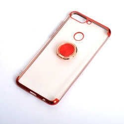 Huawei Y7 2018 Kılıf Yüzüklü Standlı Silikon Köşeleri Renkli Kapak (GES) Rose Gold