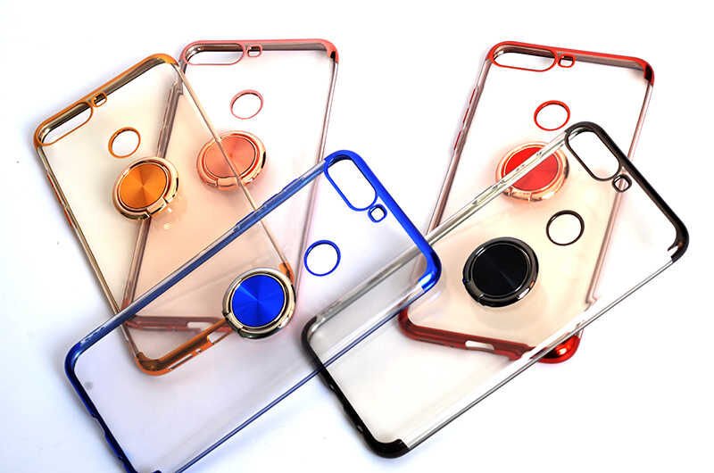 Huawei Y7 2018 Kılıf Yüzüklü Standlı Silikon Köşeleri Renkli Kapak (GES) Rose Gold