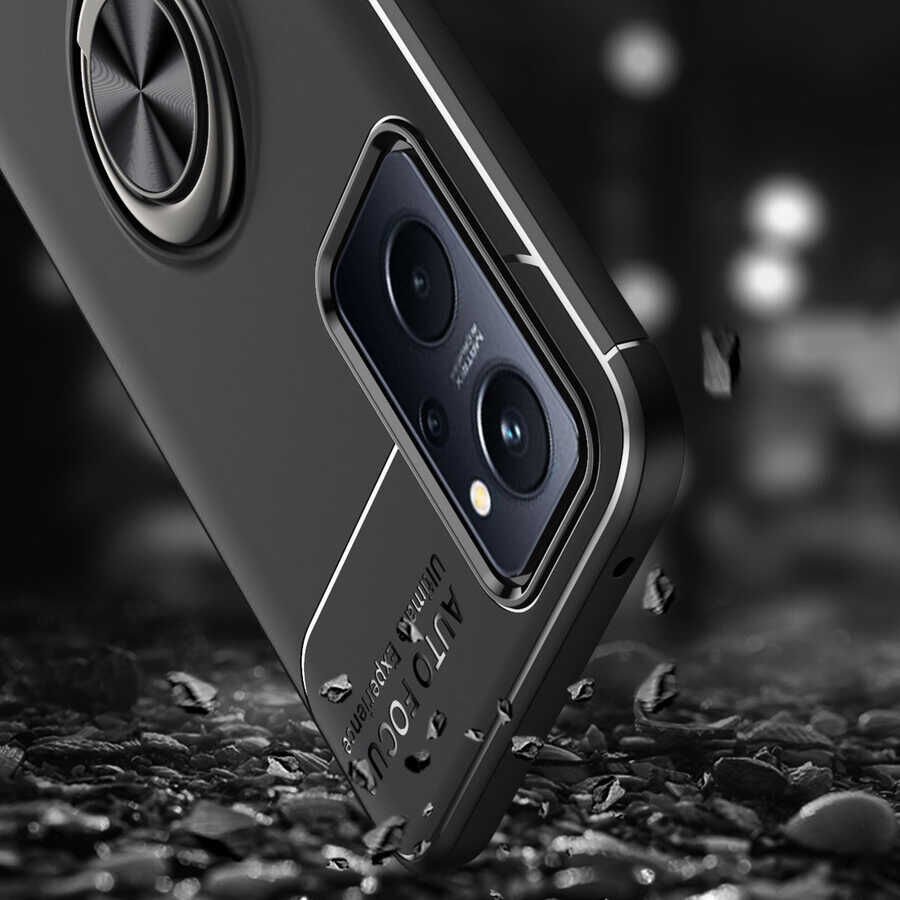 Oppo A96 4G Kılıf Kamera Çıkıntılı Renkli Yüzüklü Standlı Mıknatıslı Kapak (RAVEL) Kırmızı