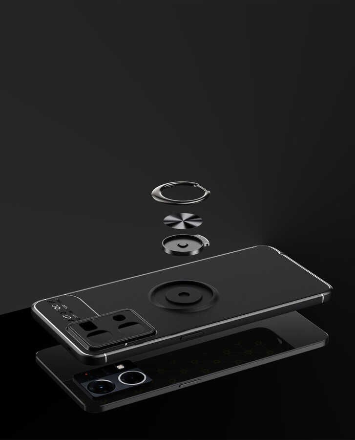 Oppo Reno 7 4G Kılıf Kamera Çıkıntılı Renkli Yüzüklü Standlı Mıknatıslı Kapak (RAVEL) Siyah
