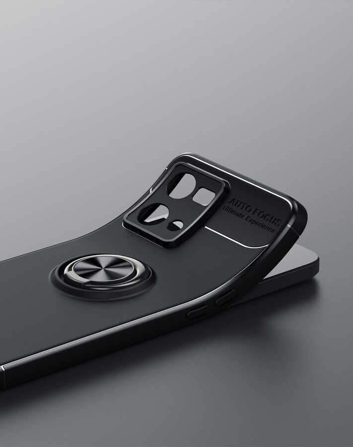 Oppo Reno 7 4G Kılıf Kamera Çıkıntılı Renkli Yüzüklü Standlı Mıknatıslı Kapak (RAVEL) Siyah-Kırmızı