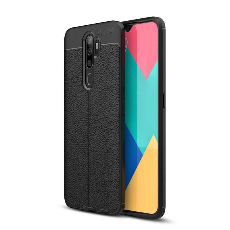 Oppo A5 2020 Kılıf Deri Görünümlü Renk Atmayan Dayanaklı Silikon Kapak (NİSS) Siyah