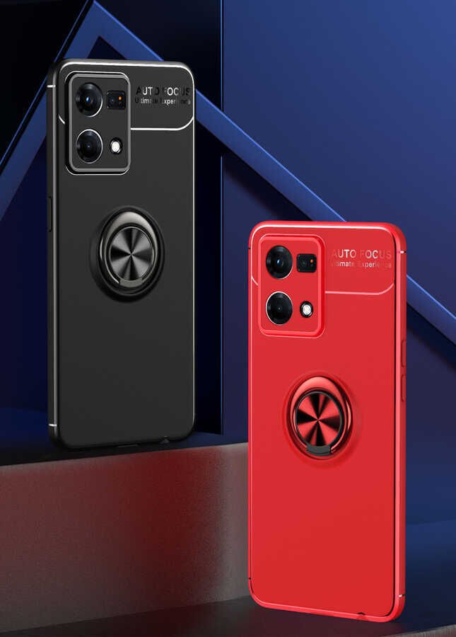 Oppo Reno 7 4G Kılıf Kamera Çıkıntılı Renkli Yüzüklü Standlı Mıknatıslı Kapak (RAVEL) Siyah-Mavi