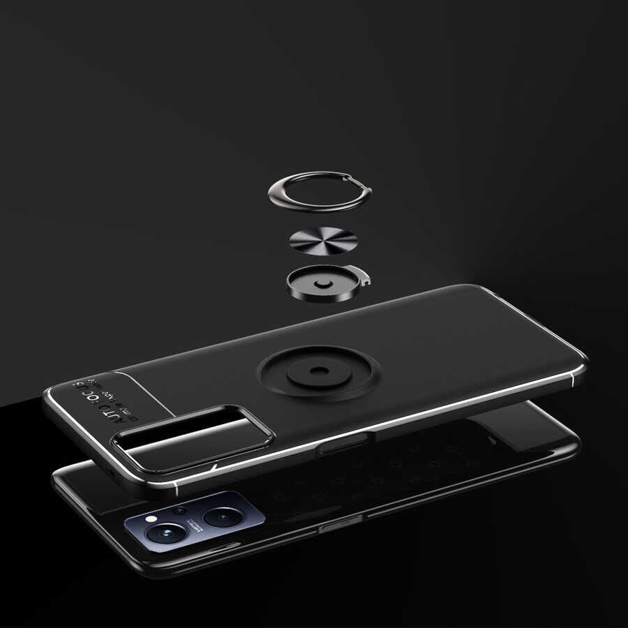 Oppo A76 Kılıf Kamera Çıkıntılı Renkli Yüzüklü Standlı Mıknatıslı Kapak (RAVEL) Mavi