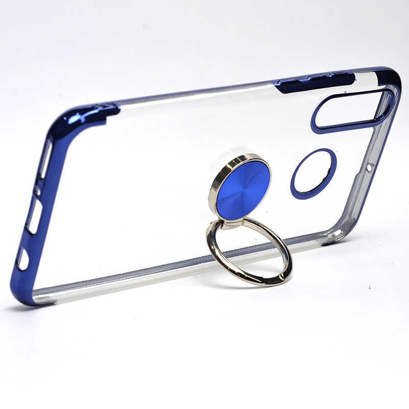 Huawei P30 Lite Kılıf Yüzüklü Standlı Silikon Köşeleri Renkli Kapak (GES) Mavi