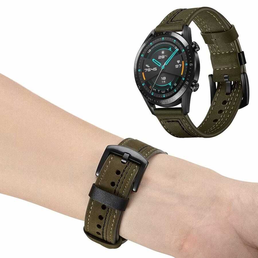 Huawei Watch GT 3 42mm Deri Kordon Metal Tokalı Tasarım (KRD-19) Kahverengi