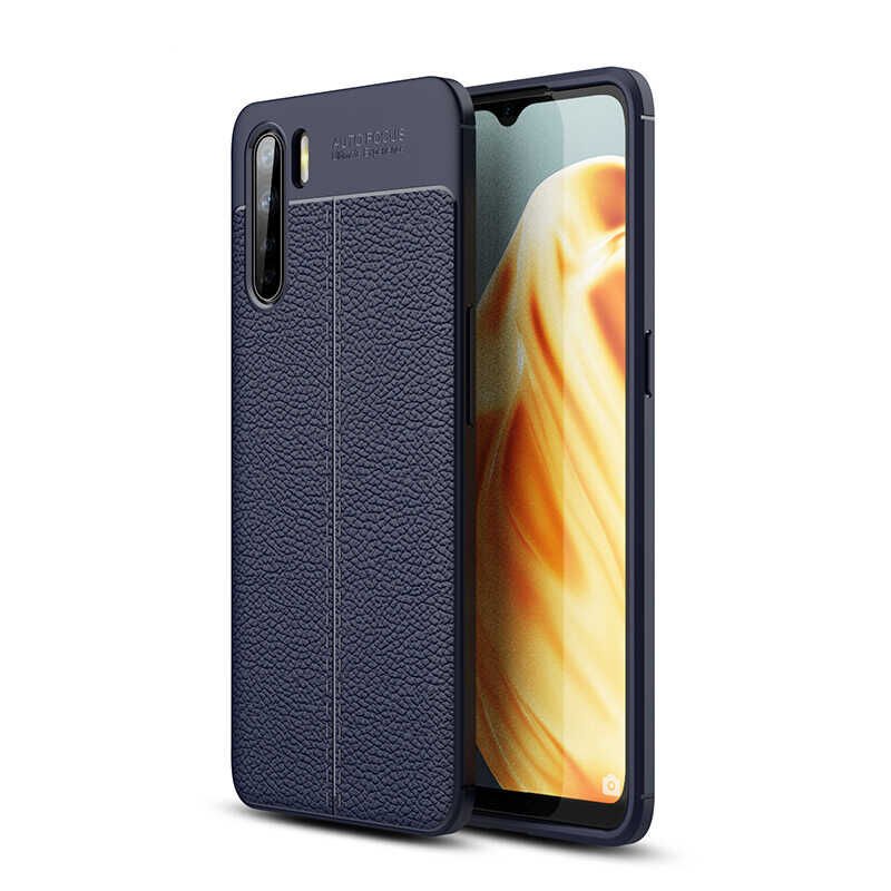 Oppo A91 Kılıf Deri Görünümlü Renk Atmayan Dayanaklı Silikon Kapak (NİSS) Lacivert