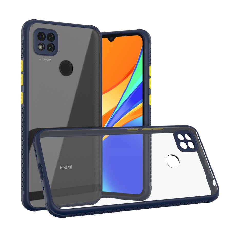 Xiaomi Redmi 9C Kılıf Köşe Ve Kamera Korumalı Arkası Şeffaf Renkli Tuşlu Kapak (KAFF) Lacivert
