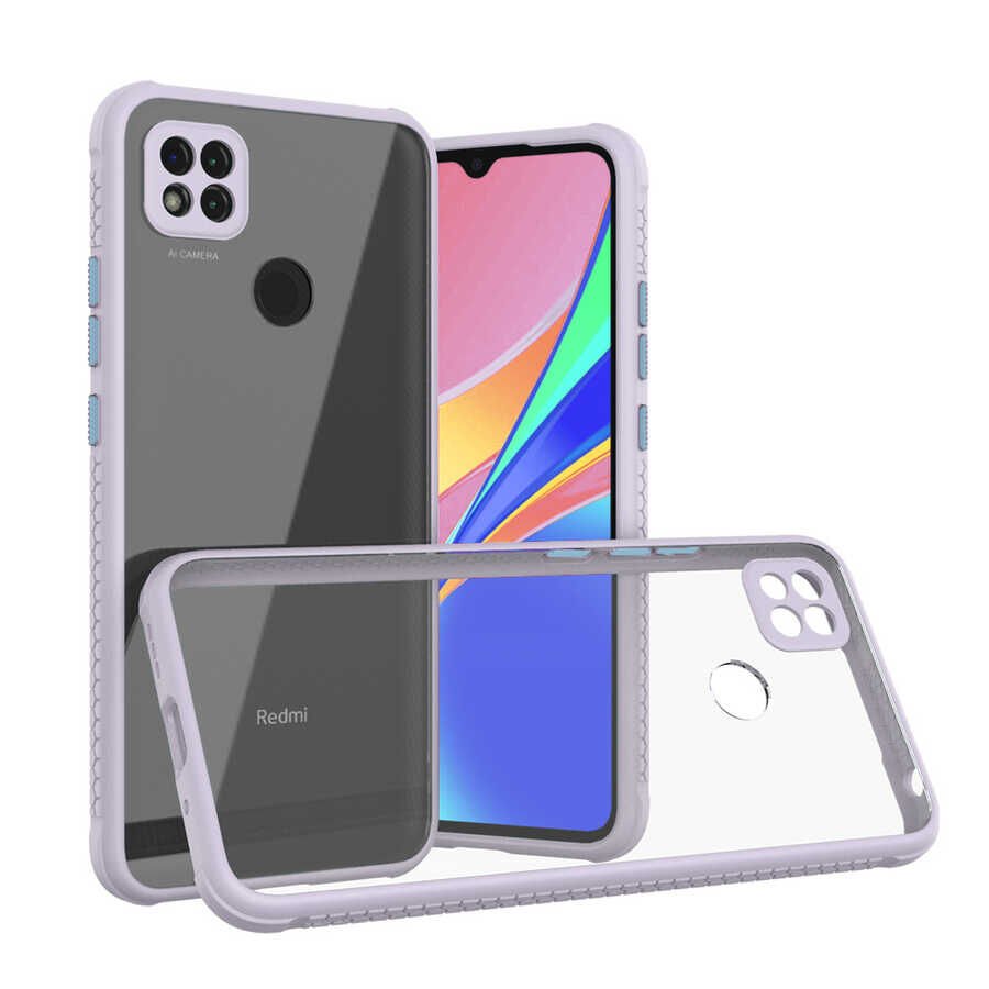 Xiaomi Redmi 9C Kılıf Köşe Ve Kamera Korumalı Arkası Şeffaf Renkli Tuşlu Kapak (KAFF) Mor