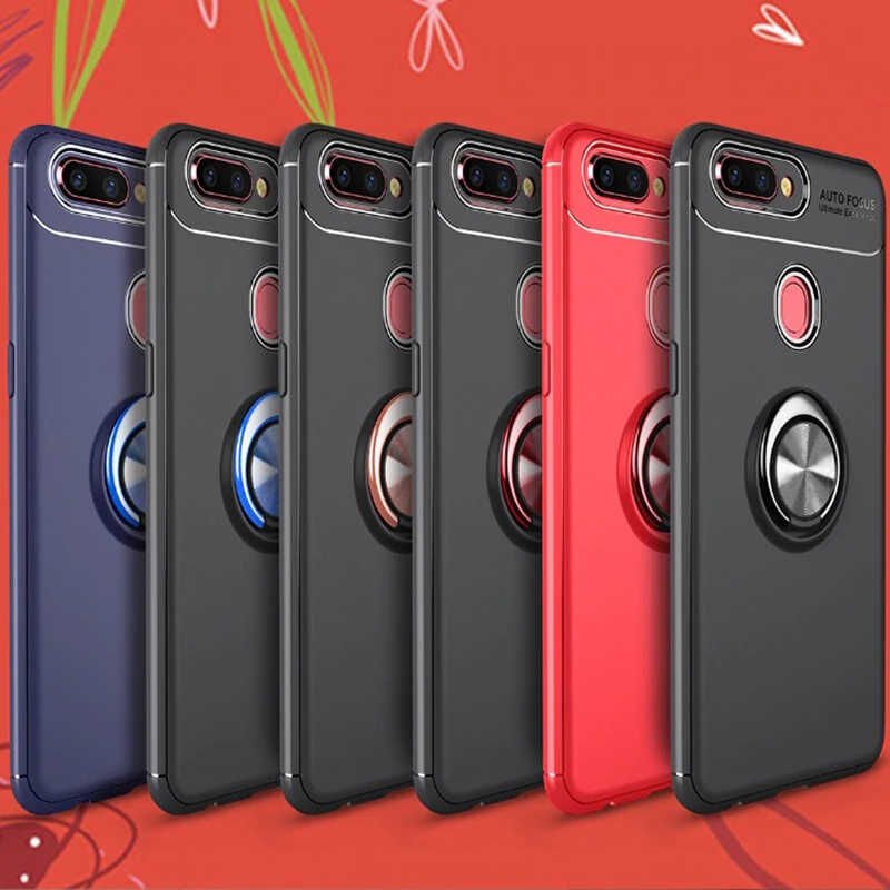 Oppo AX7 Kılıf Kamera Çıkıntılı Renkli Yüzüklü Standlı Mıknatıslı Kapak (RAVEL) Siyah-Rose Gold