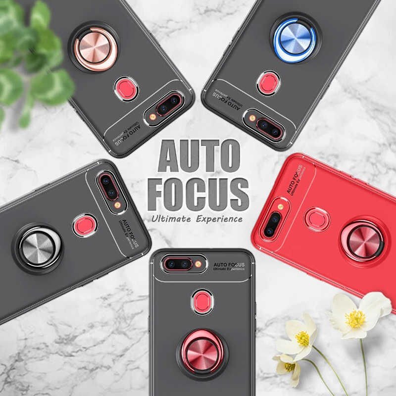 Oppo AX7 Kılıf Kamera Çıkıntılı Renkli Yüzüklü Standlı Mıknatıslı Kapak (RAVEL) Siyah-Rose Gold