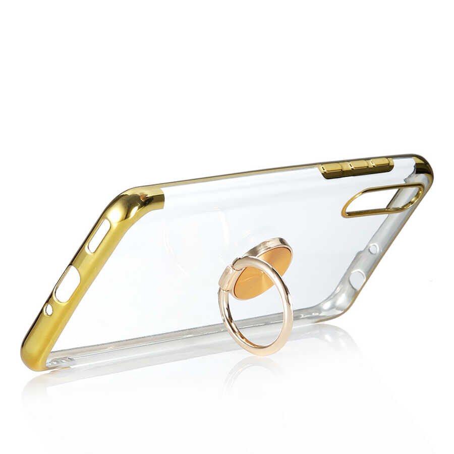 Huawei P Smart S (Y8P) Kılıf Yüzüklü Standlı Silikon Köşeleri Renkli Kapak (GES) Gold