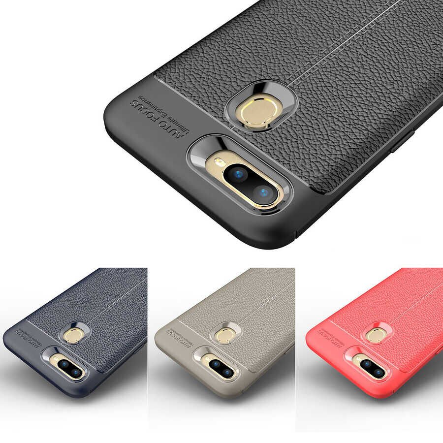 Oppo A12 Kılıf Deri Görünümlü Renk Atmayan Dayanaklı Silikon Kapak (NİSS) Siyah