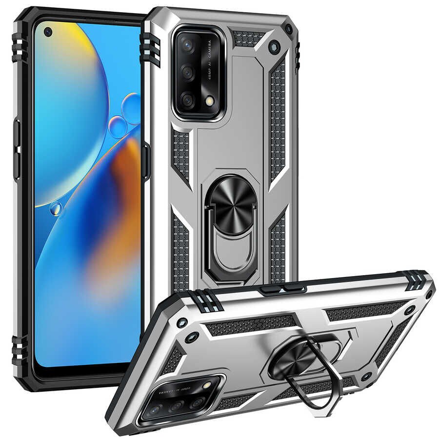 Oppo A74 4G Kılıf Tank Zırh Yüzüklü Mıknatıslı Standlı Kapak (VEGA) Siyah