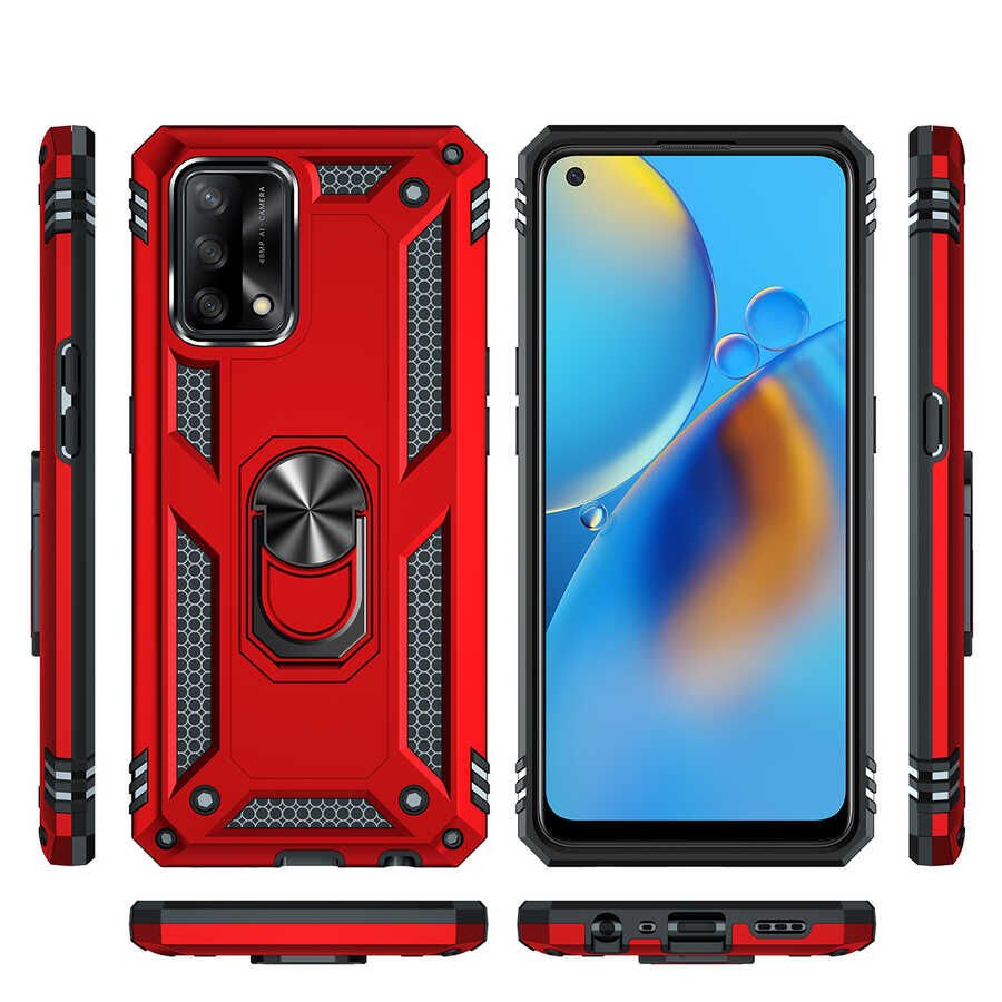 Oppo A74 4G Kılıf Tank Zırh Yüzüklü Mıknatıslı Standlı Kapak (VEGA) Kırmızı