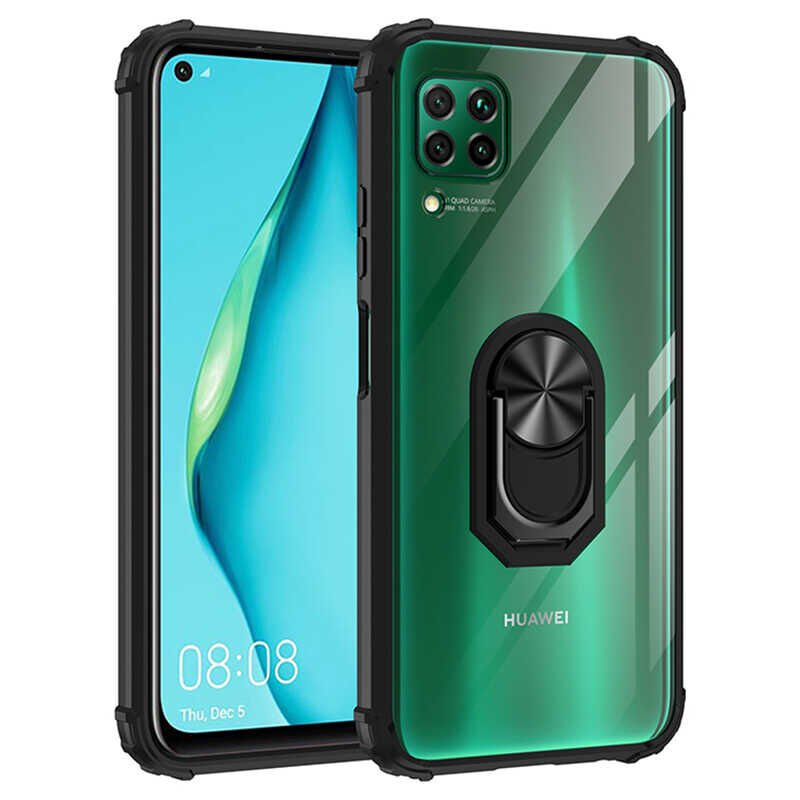 Huawei P40 Lite Kılıf Arkası Şeffaf Kenarları Renkli Yüzüklü Tank Kapak (MOLA) Siyah