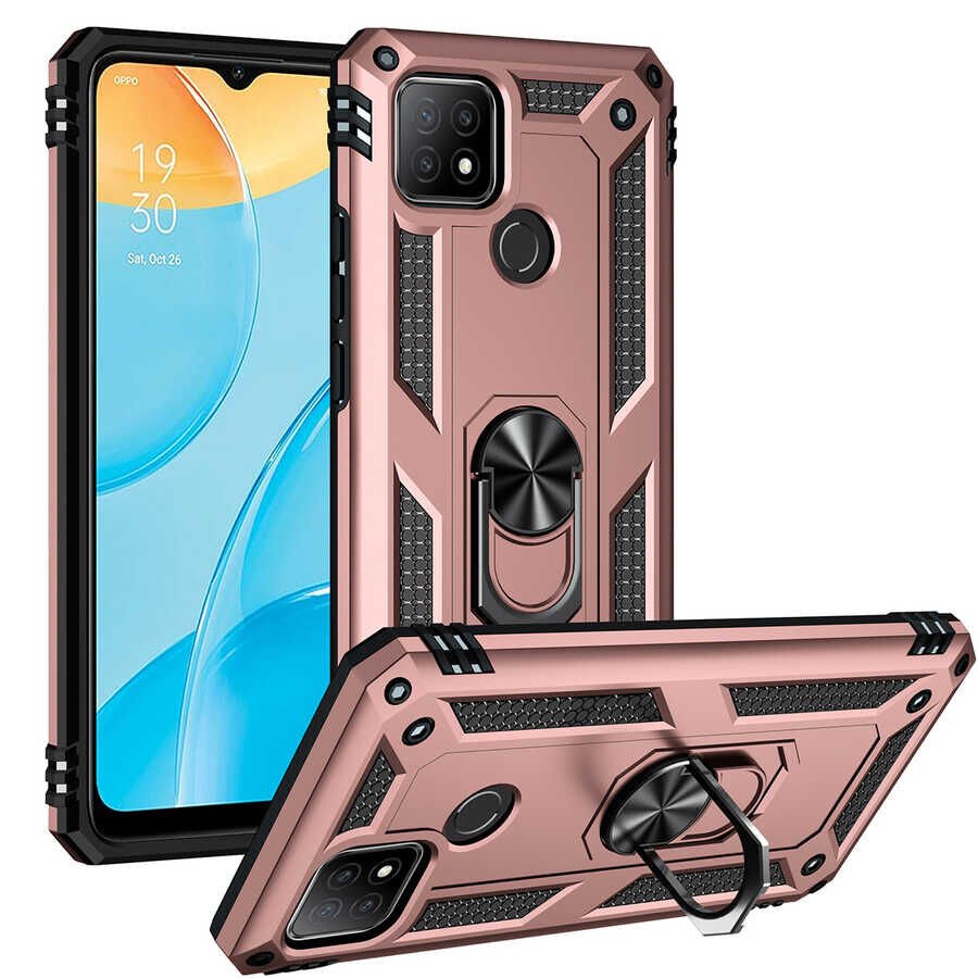 Oppo A15 Kılıf Tank Zırh Yüzüklü Mıknatıslı Standlı Kapak (VEGA) Rose Gold
