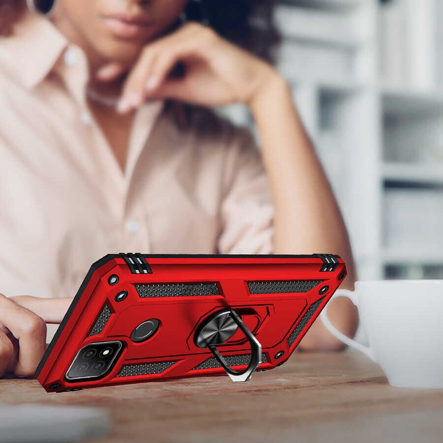 Oppo A15 Kılıf Tank Zırh Yüzüklü Mıknatıslı Standlı Kapak (VEGA) Rose Gold