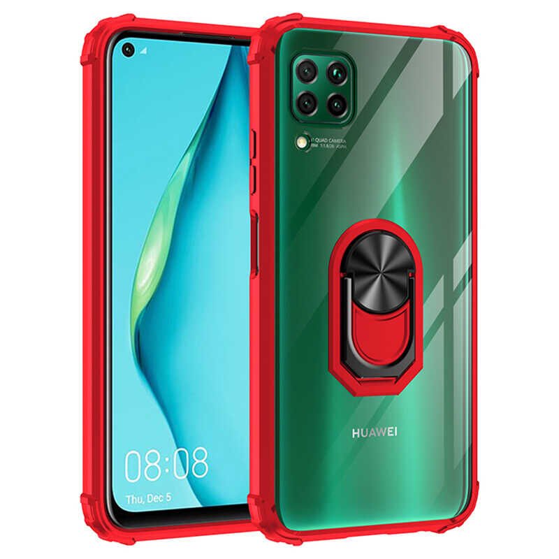 Huawei P40 Lite Kılıf Arkası Şeffaf Kenarları Renkli Yüzüklü Tank Kapak (MOLA) Kırmızı