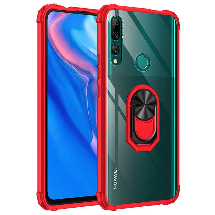 Huawei Y9 Prime 2019 Kılıf Arkası Şeffaf Kenarları Renkli Yüzüklü Tank Kapak (MOLA) Kırmızı