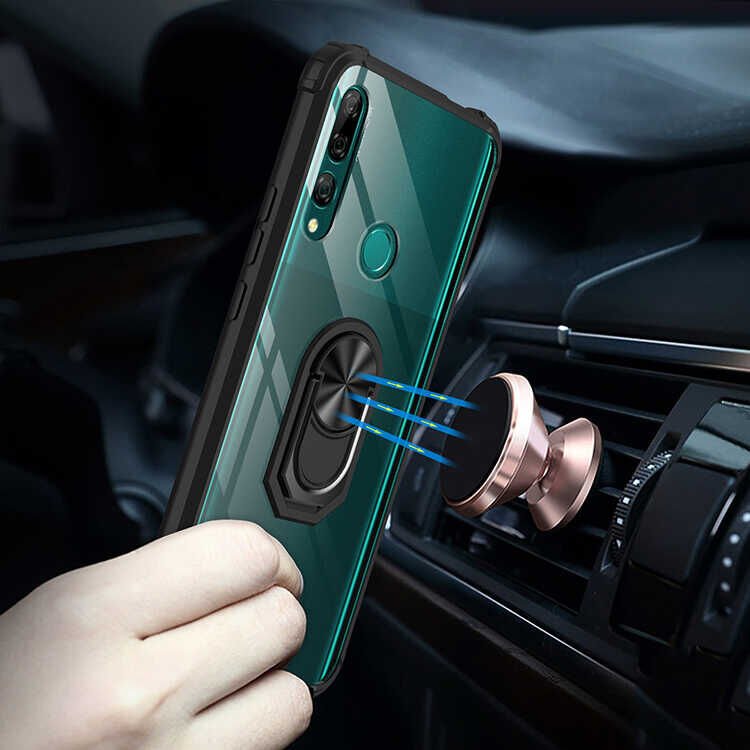 Huawei Y9 Prime 2019 Kılıf Arkası Şeffaf Kenarları Renkli Yüzüklü Tank Kapak (MOLA) Lacivert