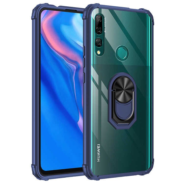 Huawei Y9 Prime 2019 Kılıf Arkası Şeffaf Kenarları Renkli Yüzüklü Tank Kapak (MOLA) Lacivert
