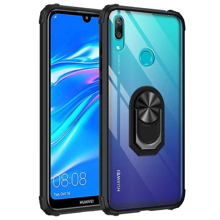 Huawei Y7 Prime 2019 Kılıf Arkası Şeffaf Kenarları Renkli Yüzüklü Tank Kapak (MOLA) Siyah
