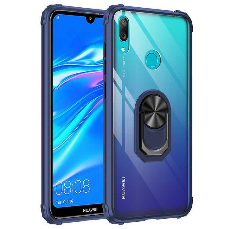 Huawei Y7 Prime 2019 Kılıf Arkası Şeffaf Kenarları Renkli Yüzüklü Tank Kapak (MOLA) Lacivert