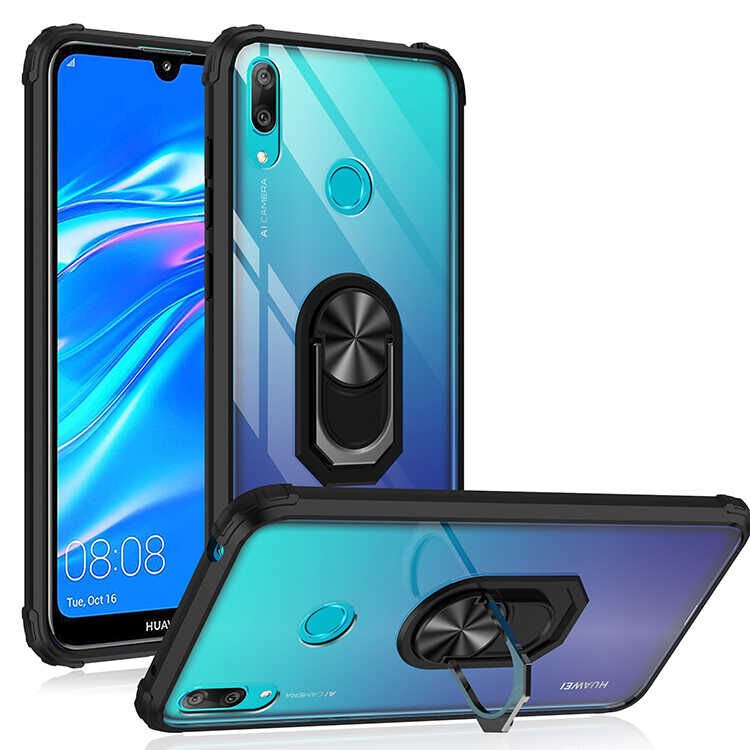 Huawei Y7 Prime 2019 Kılıf Arkası Şeffaf Kenarları Renkli Yüzüklü Tank Kapak (MOLA) Lacivert