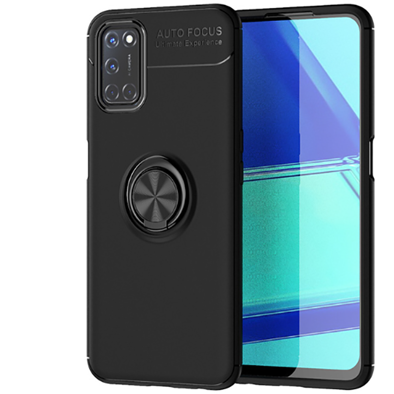 Oppo A52 Kılıf Kamera Çıkıntılı Renkli Yüzüklü Standlı Mıknatıslı Kapak (RAVEL) Siyah-Mavi
