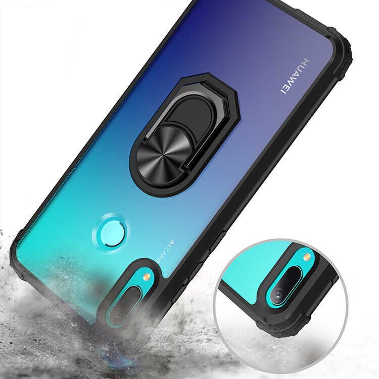 Huawei Y6 2019 Kılıf Arkası Şeffaf Kenarları Renkli Yüzüklü Tank Kapak (MOLA) Lacivert