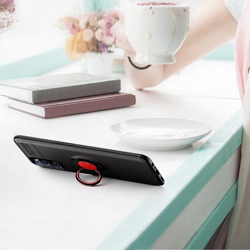 Oppo A92 Kılıf Kamera Çıkıntılı Renkli Yüzüklü Standlı Mıknatıslı Kapak (RAVEL) Siyah-Mavi