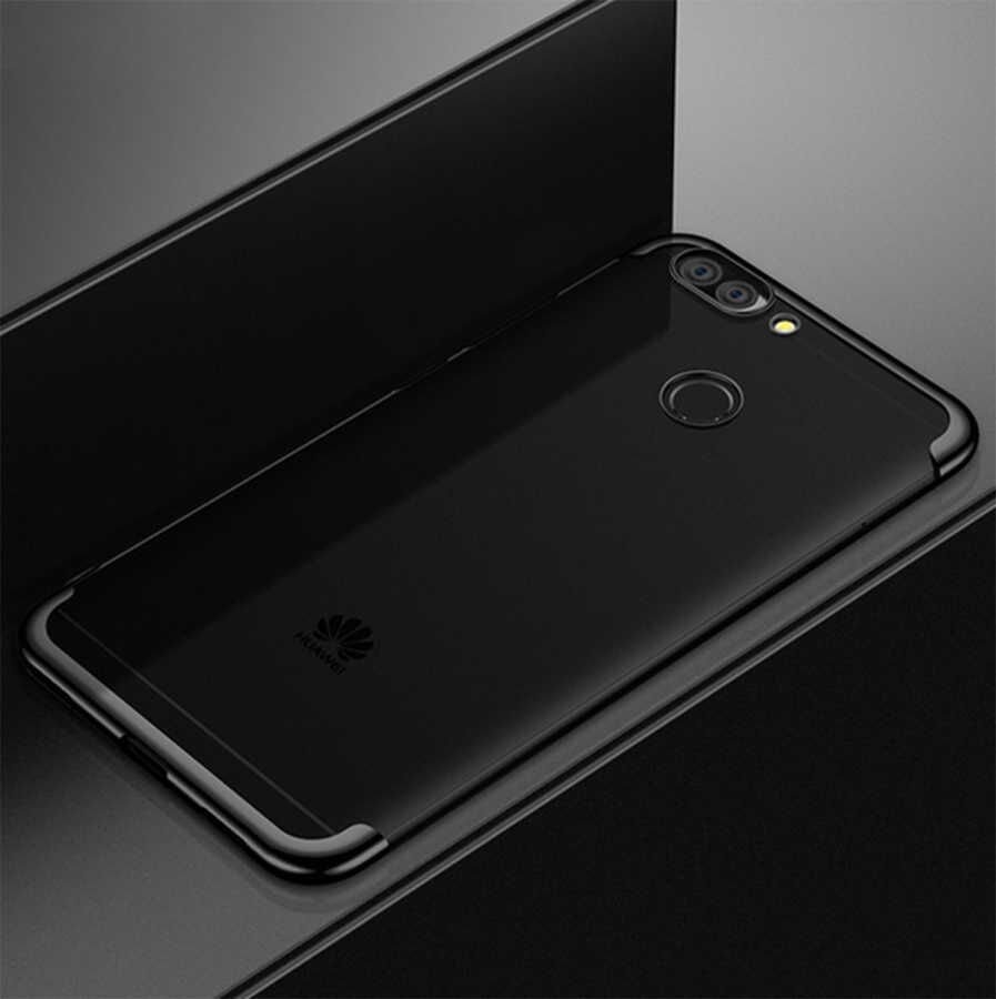 Huawei P Smart Kılıf Dört Köşe Renkli Lazer Şeffaf Silikon Kapak (GLİTTER) Siyah