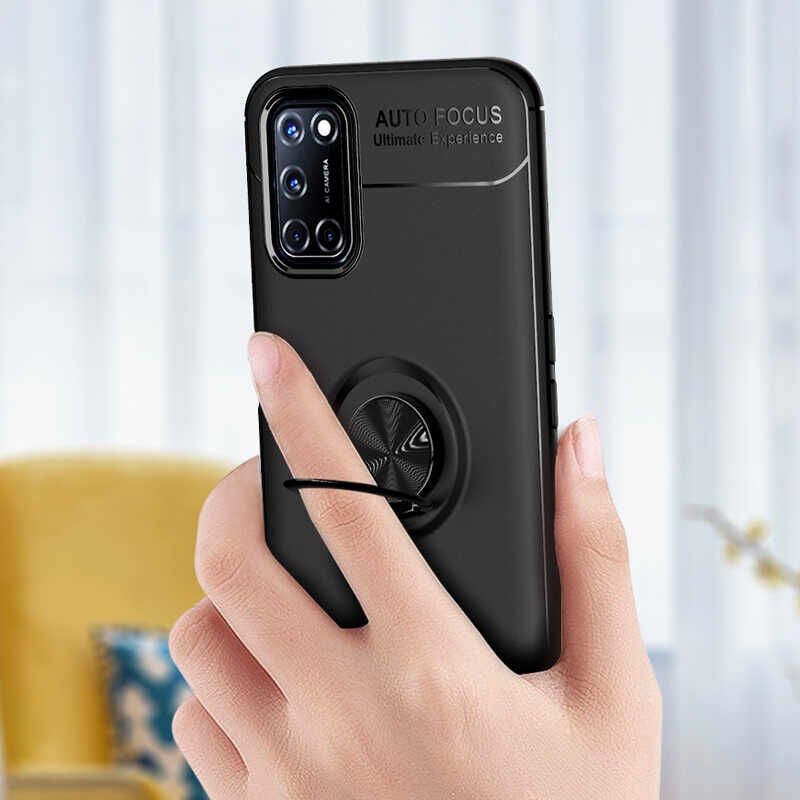 Oppo A72 Kılıf Kamera Çıkıntılı Renkli Yüzüklü Standlı Mıknatıslı Kapak (RAVEL) Siyah