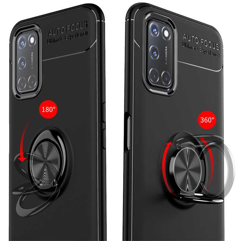 Oppo A72 Kılıf Kamera Çıkıntılı Renkli Yüzüklü Standlı Mıknatıslı Kapak (RAVEL) Siyah-Kırmızı