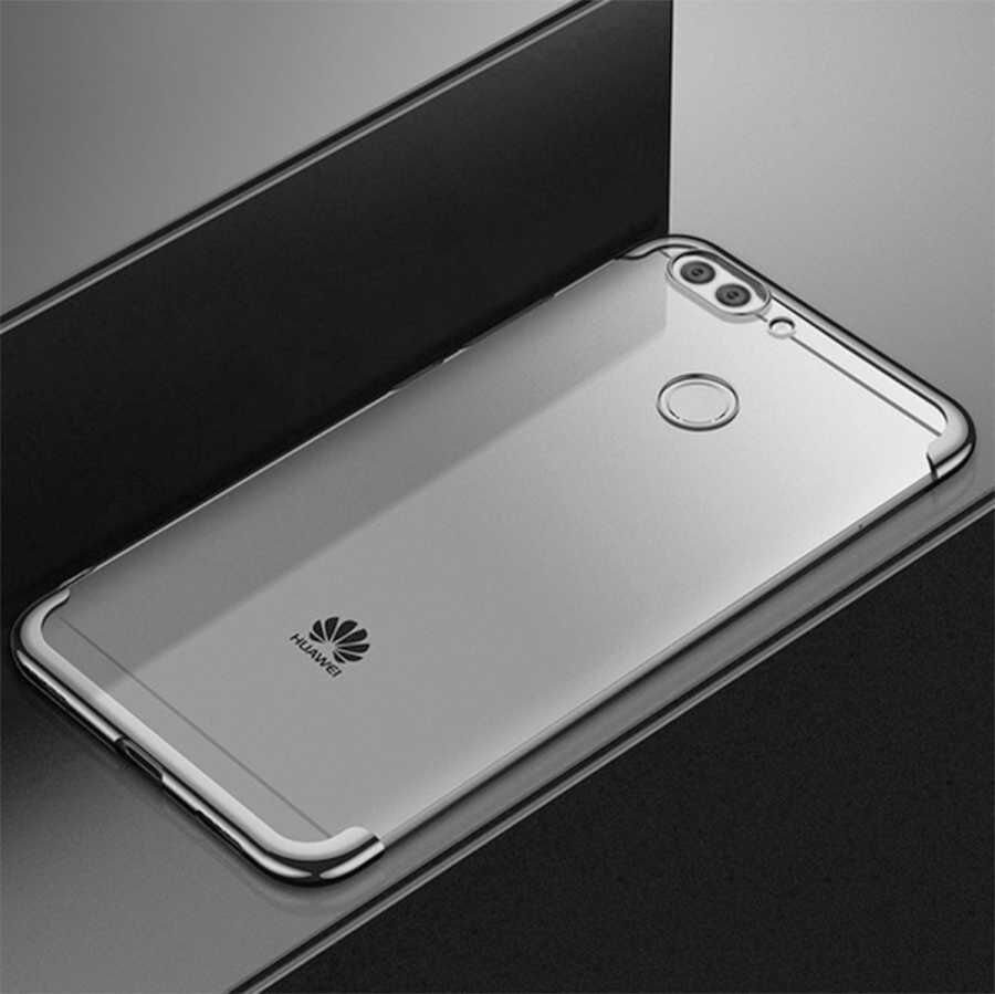 Huawei P Smart Kılıf Dört Köşe Renkli Lazer Şeffaf Silikon Kapak (GLİTTER) Gümüş