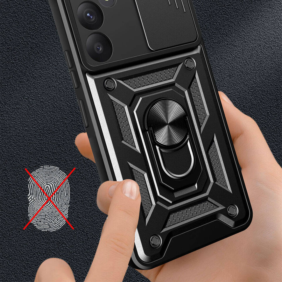 Samsung Galaxy A35 Kılıf Sürgülü Tank Zırh Yüzüklü Mıknatıslı Standlı Kapak (S-VEGA) Siyah
