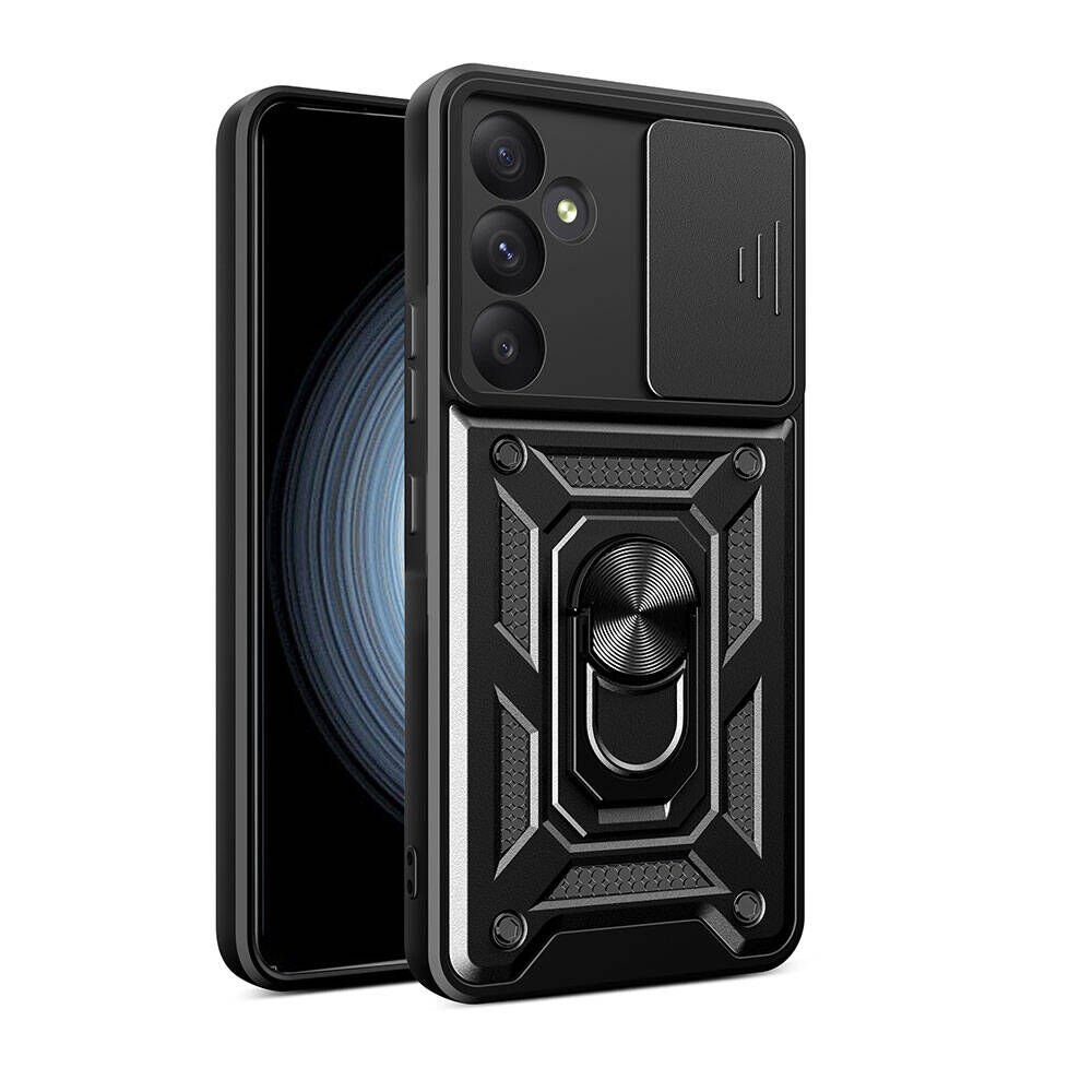 Samsung Galaxy A35 Kılıf Sürgülü Tank Zırh Yüzüklü Mıknatıslı Standlı Kapak (S-VEGA) Siyah
