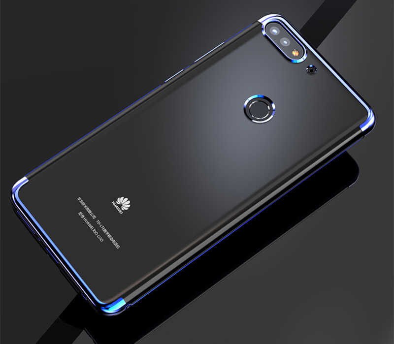 Huawei Y7 2018 Kılıf Dört Köşe Renkli Lazer Şeffaf Silikon Kapak (GLİTTER) Mavi