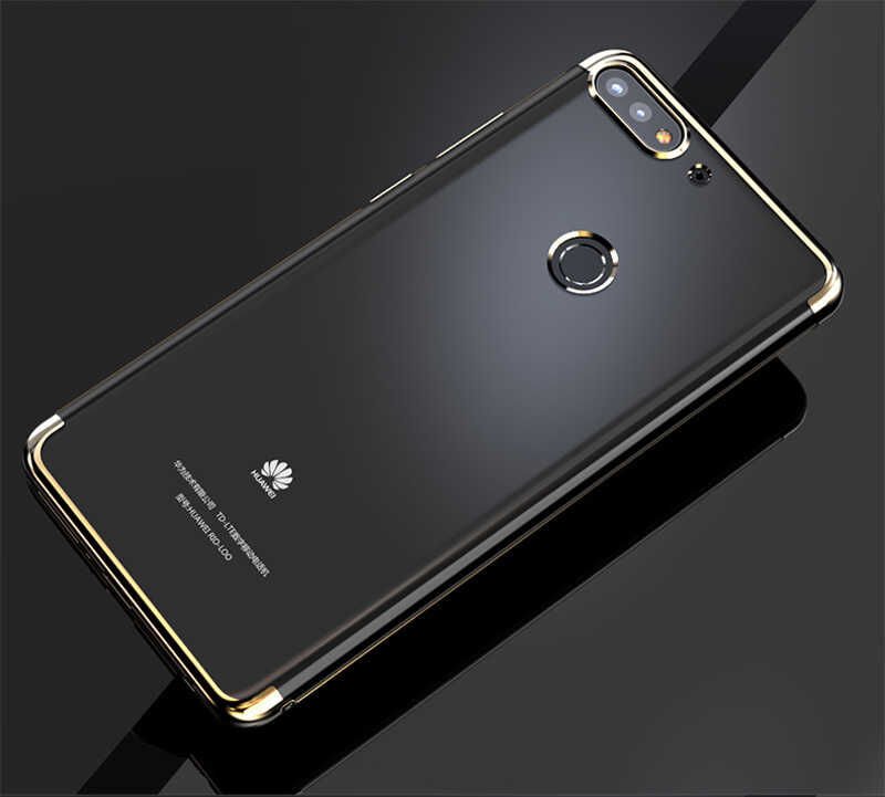 Huawei Y7 2018 Kılıf Dört Köşe Renkli Lazer Şeffaf Silikon Kapak (GLİTTER) Gold