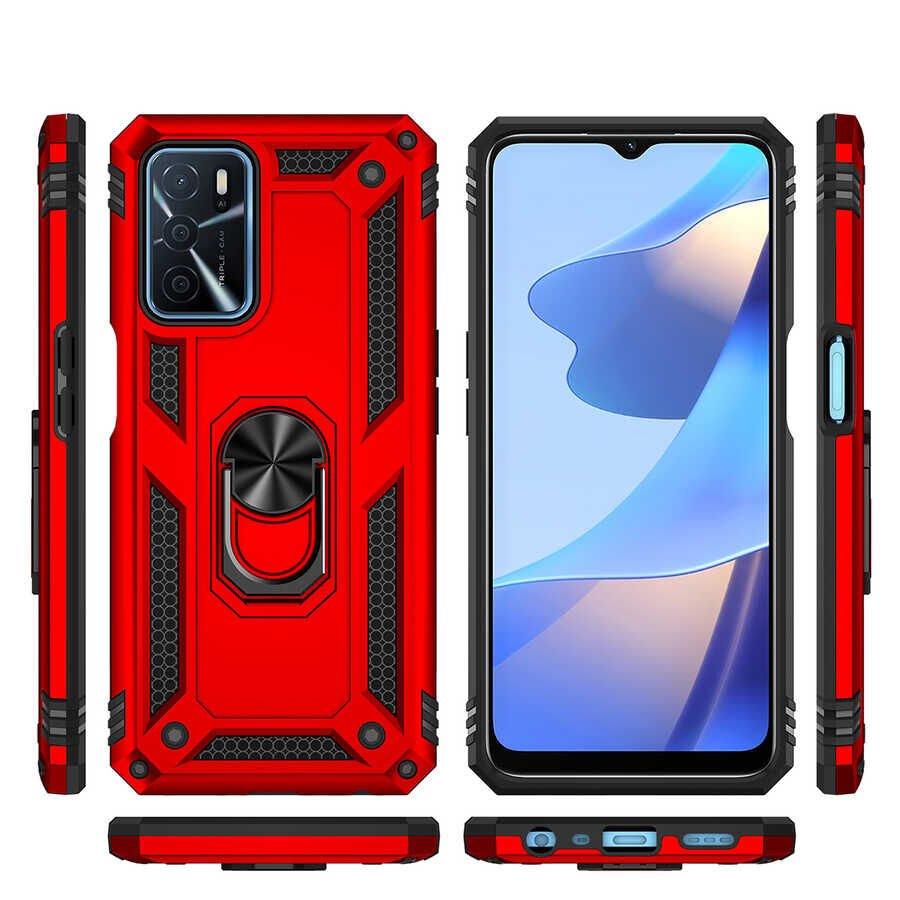Oppo A16 Kılıf Tank Zırh Yüzüklü Mıknatıslı Standlı Kapak (VEGA) Kırmızı