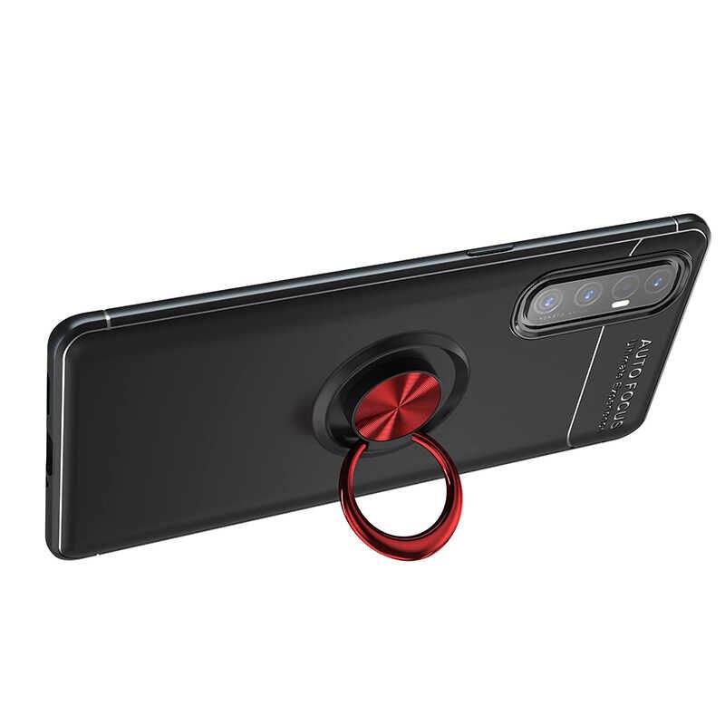 Oppo Reno 3 Pro 5G Kılıf Kamera Çıkıntılı Renkli Yüzüklü Standlı Mıknatıslı Kapak (RAVEL) Siyah-Kırmızı