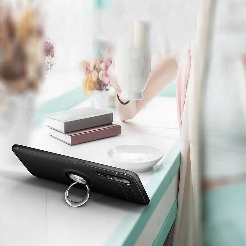 Oppo A91 Kılıf Kamera Çıkıntılı Renkli Yüzüklü Standlı Mıknatıslı Kapak (RAVEL) Siyah-Mavi