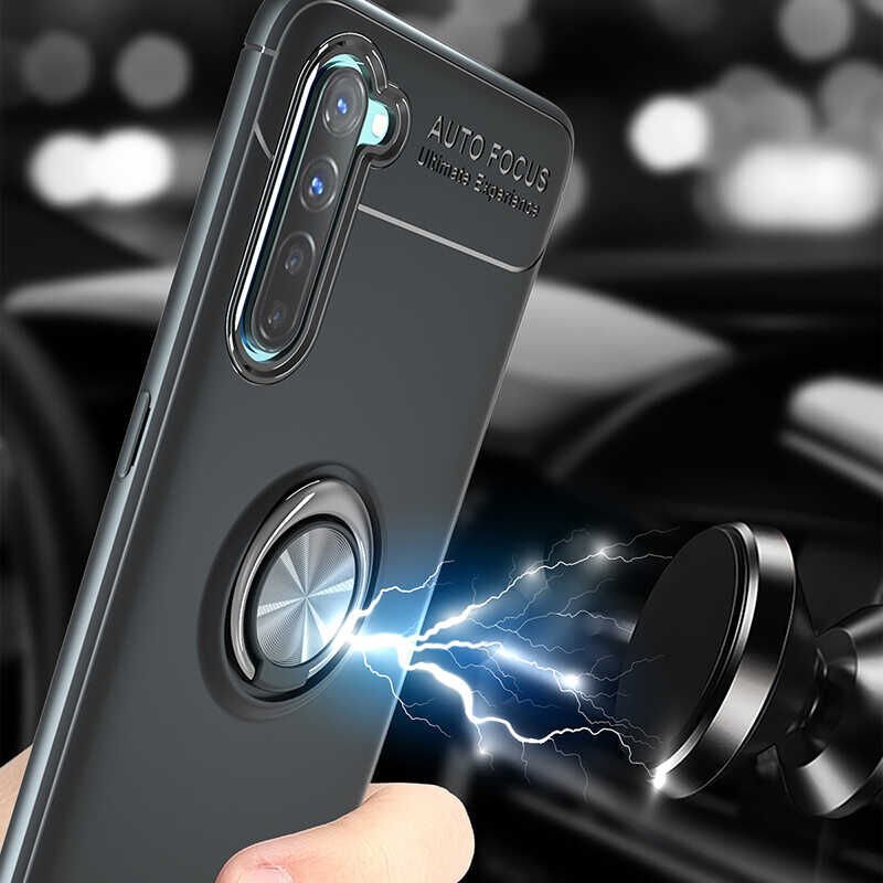 Oppo Reno 3 Kılıf Kamera Çıkıntılı Renkli Yüzüklü Standlı Mıknatıslı Kapak (RAVEL) Siyah
