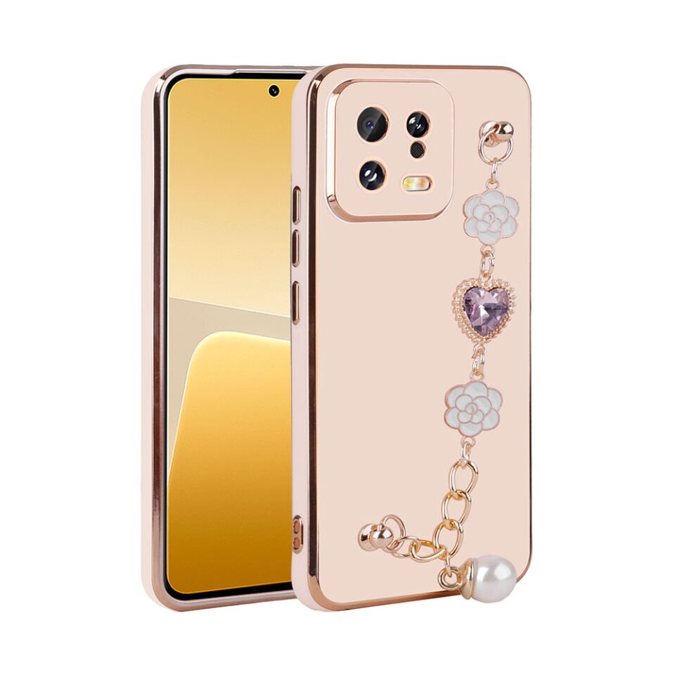 Xiaomi Mi 13 Kılıf Çiçek Desenli Askılı Tutamaçlı Kamera Korumalı Kapak (TAKA) Pembe