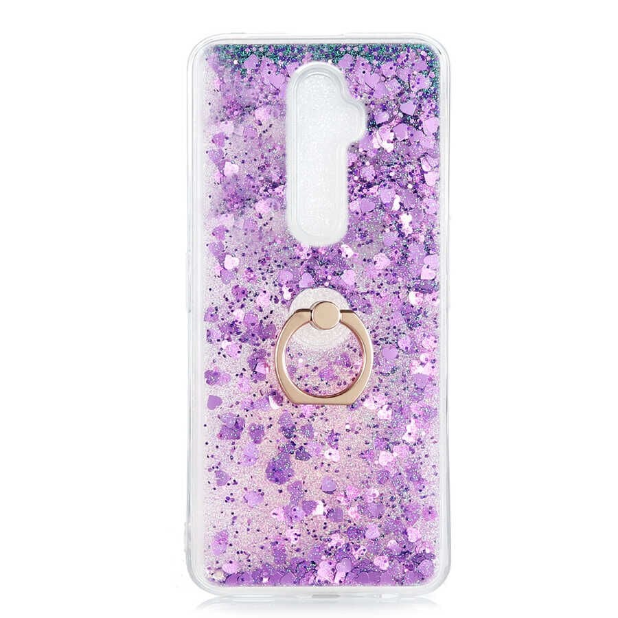 Oppo Reno 2Z Kılıf Sıvılı Akışkanlı Desenli Simli Yüzüklü Silikon Kapak (MİLCE) Pembe