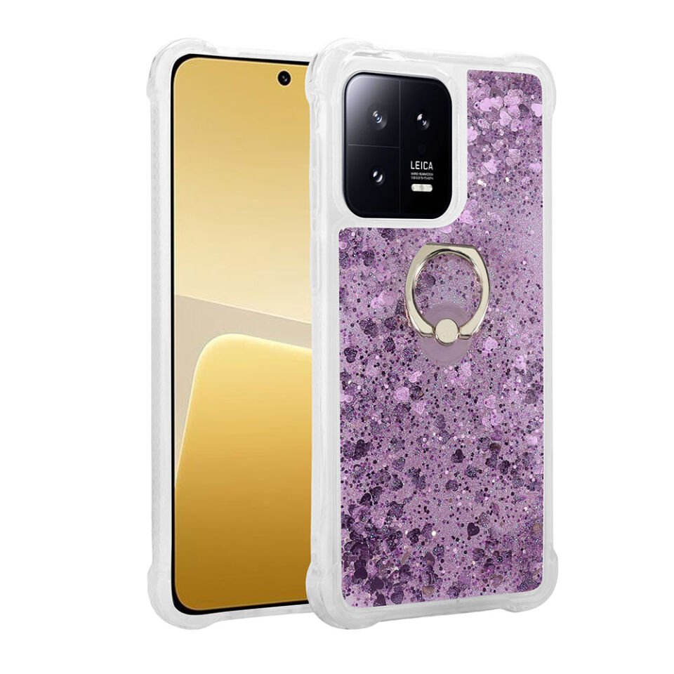 Xiaomi Mi 13 Pro Kılıf Sıvılı Akışkanlı Desenli Simli Yüzüklü Silikon Kapak (MİLCE) Mor