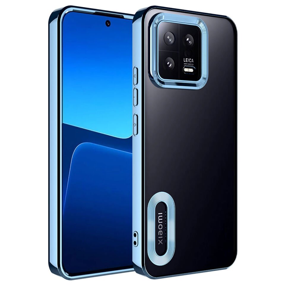 Xiaomi Mi 13 Kılıf Kamera Lens Korumalı Logo Gösteren Parlak Kenarlı Kapak (OMEGA) Mavi